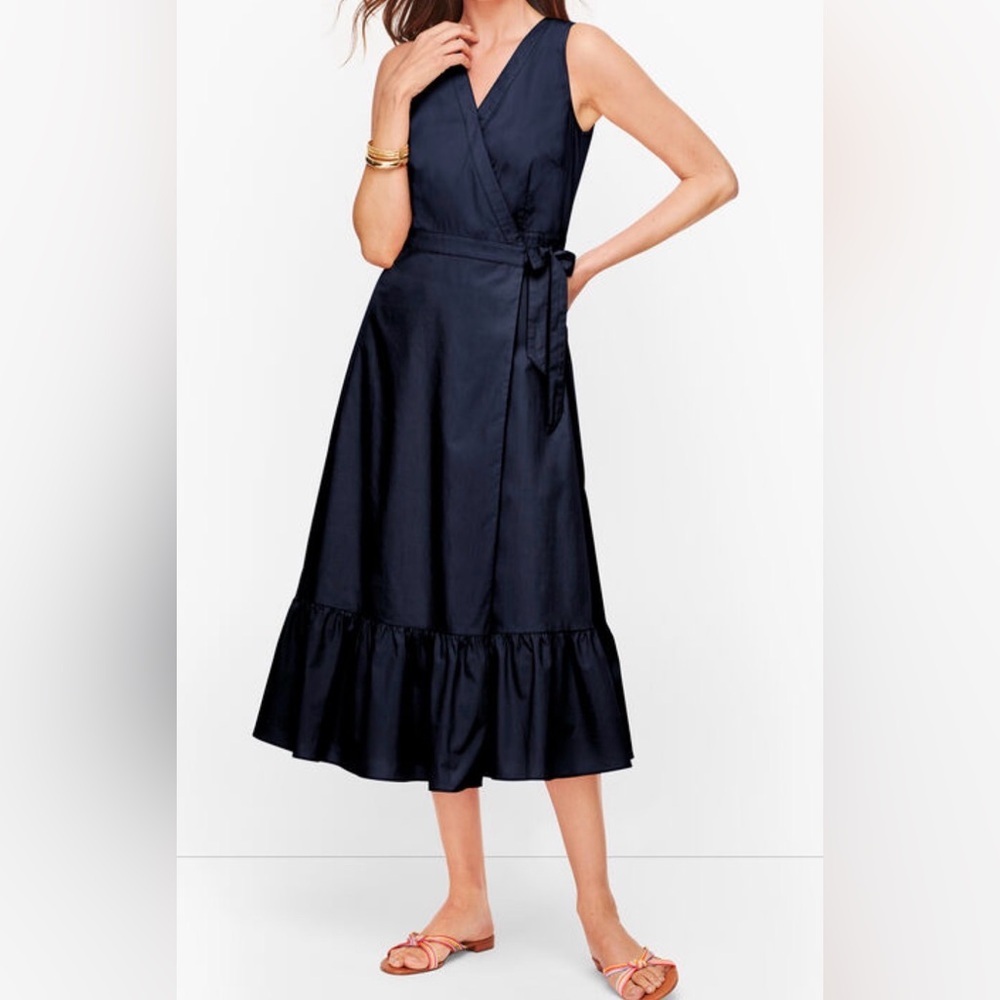 Talbots Petites‎ V-neck Poplin Wrap Dress Size 2 Petite in Navy EUC